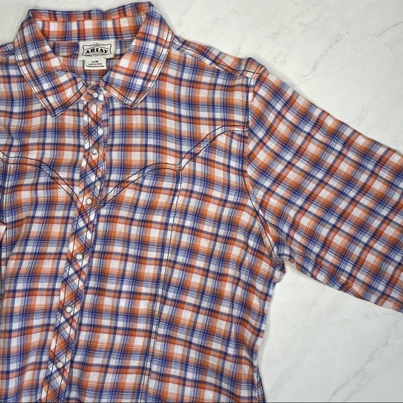 Ariat Blue Orange Plaid Embroidered Back Long Sleeve Button Down Shirt Size L - Picture 3 of 7